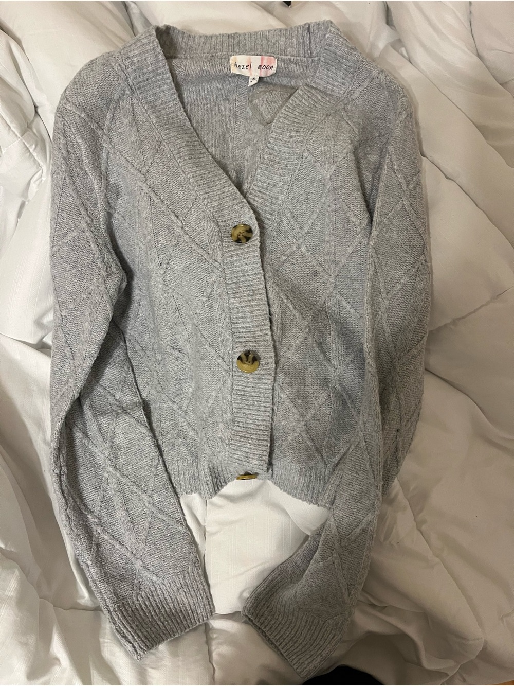Hazel Moon Light Gray Diamond-Knit Button Cardigan